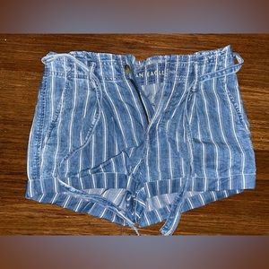 American Eagle, striped high rise jean shorts with tie around waist, Size 2.